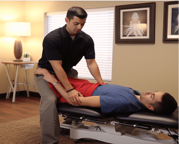 Chiropractor performing a structural chiropractic treatment procedure at Neu Life Chiropractic in Tomball, TX
