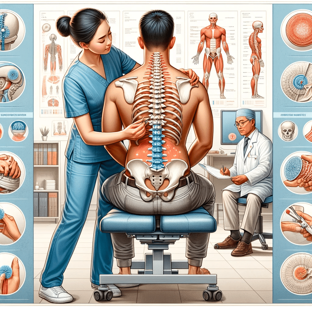 Chiropractor discussing treatable conditions with chiropractic adjustments, using visual aids in a clinic.