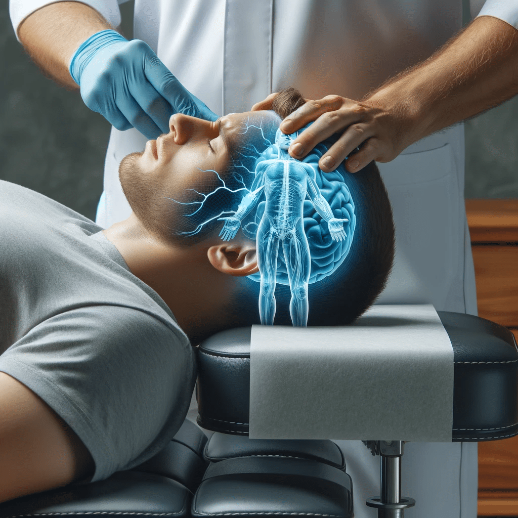 Chiropractor performing a gentle neck adjustment on a patient suffering from migraines