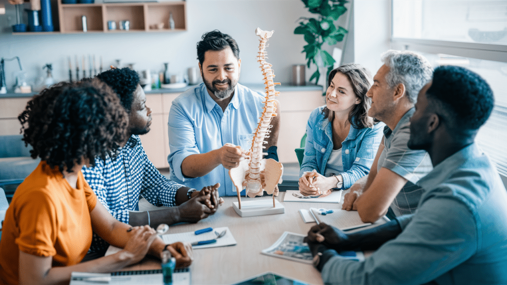 Illustration of a chiropractor educating a patient about spinal health in a welcoming Tomball clinic, symbolizing Neu Life Chiropractic's commitment to empowerment.