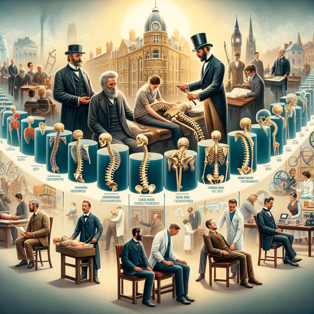 Collage illustrating the history and evolution of chiropractic practice, from 19th-century origins to modern techniques and clinics.