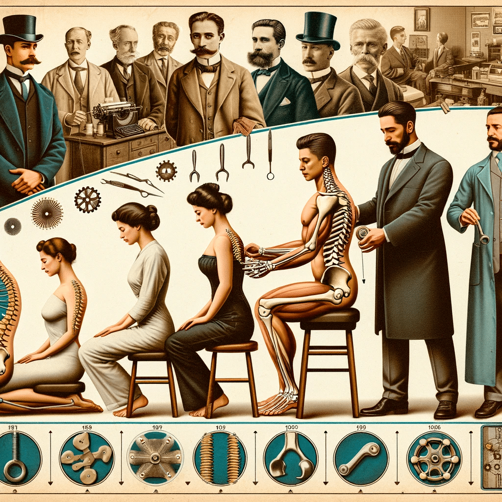 Illustration of chiropractic spinal adjustment techniques through different eras, showcasing historical evolution