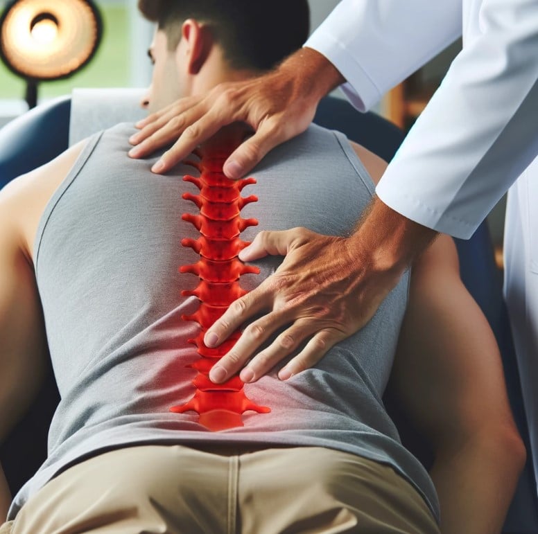 A chiropractor practicing chiropractic pain management for lower back pain is treating a patient using specialized techniques.