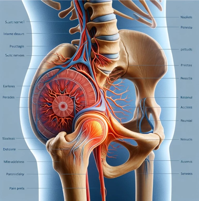 Person experiencing sciatica symptoms, with visual overlay highlighting the sciatic nerve pathway