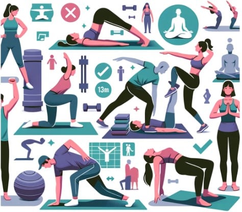 Individual performing recommended exercises and stretches for fitness and flexibility