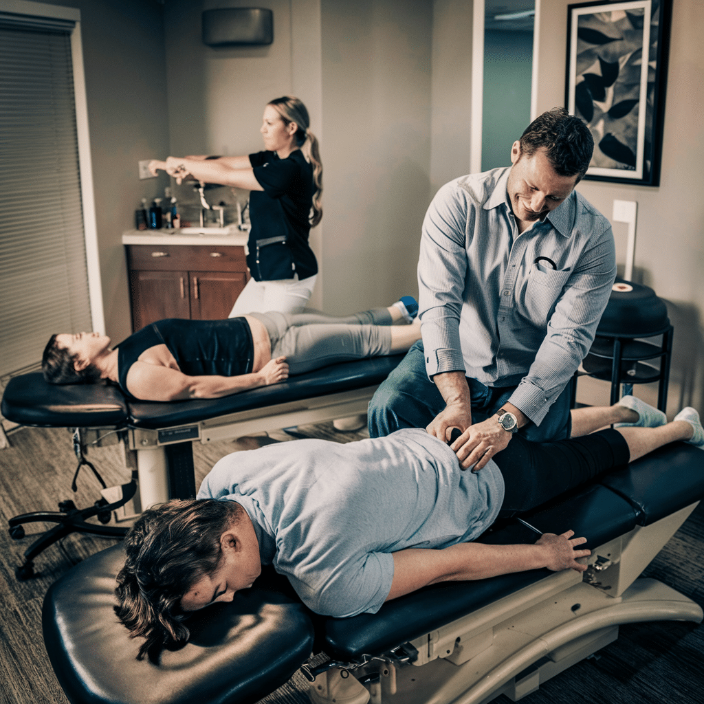 Chiropractor performing spinal adjustments on a patient with corrective exercises in Tomball's Neu Life Chiropractic clinic.