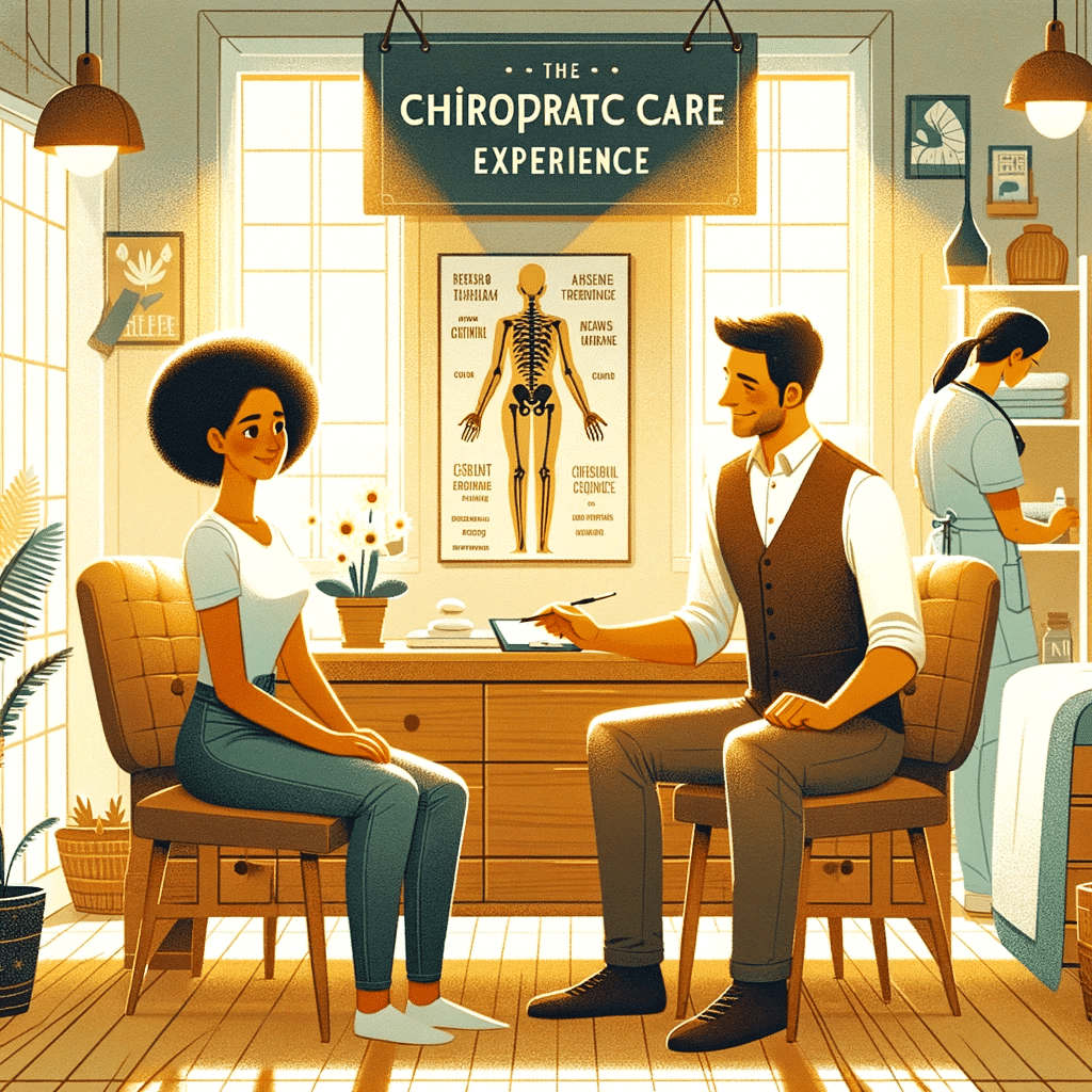 Patient receiving chiropractic adjustment and learning self-care techniques in a welcoming and professional clinic.