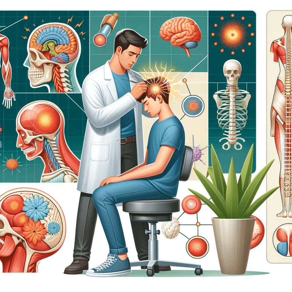 Chiropractor explaining a headache relief model to a patient, illustrating scientific principles