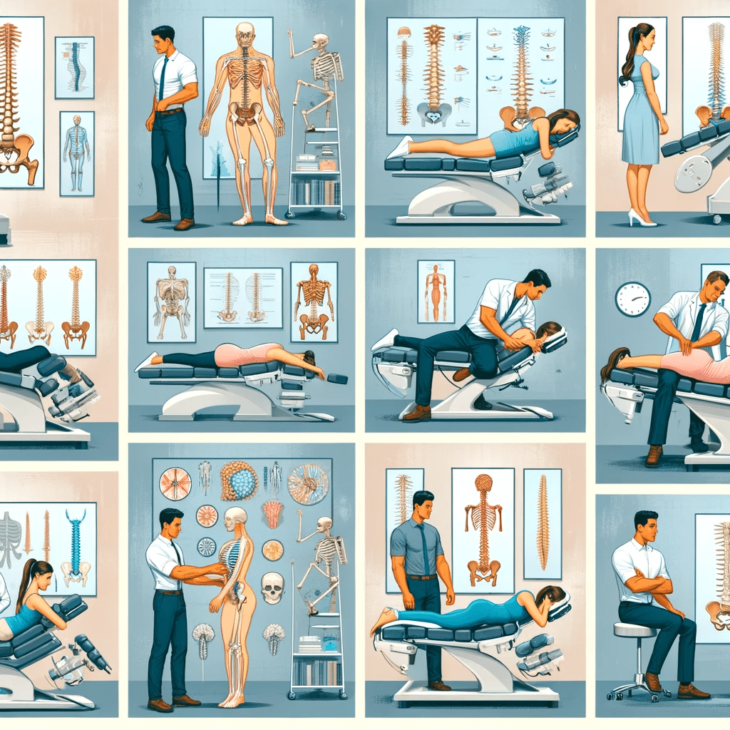 Various chiropractic treatment techniques being demonstrated, focusing on spinal health