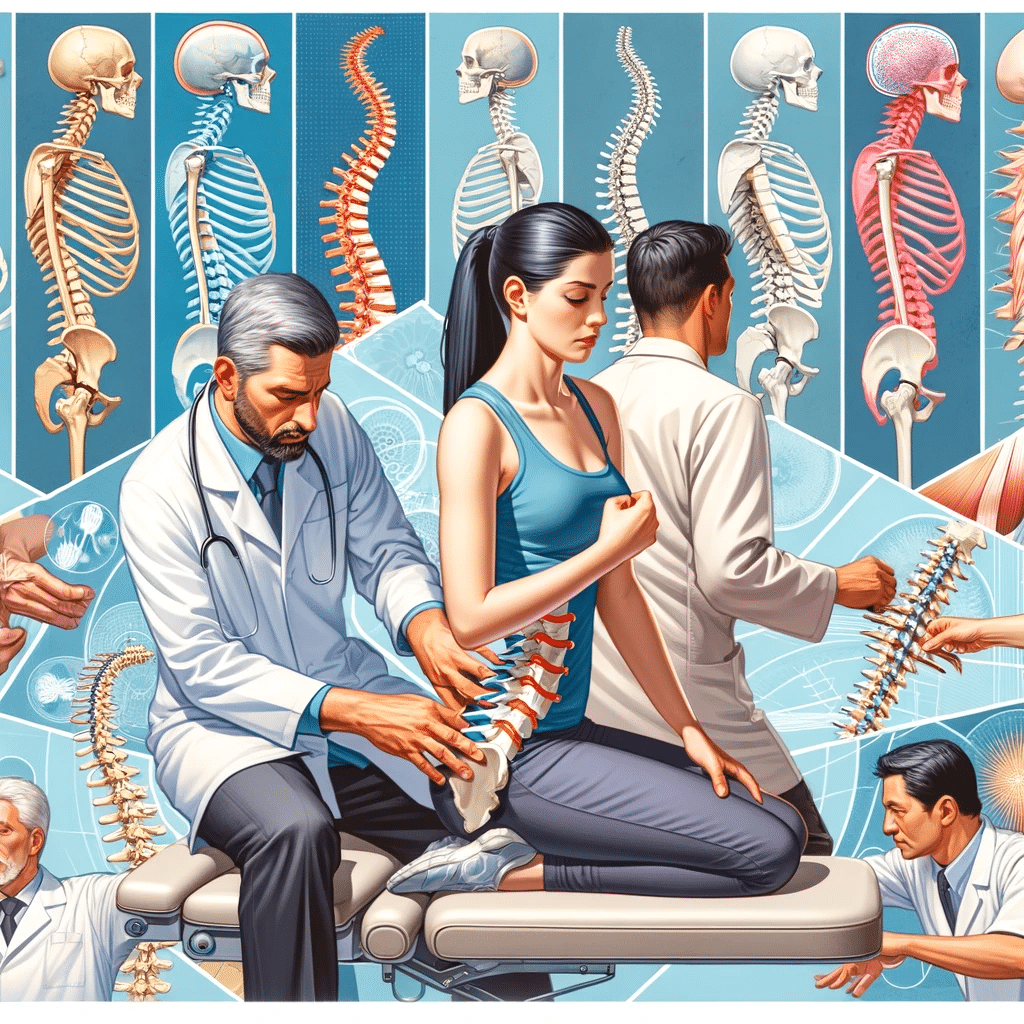 A collage of various spinal adjustment techniques being performed by chiropractic professionals