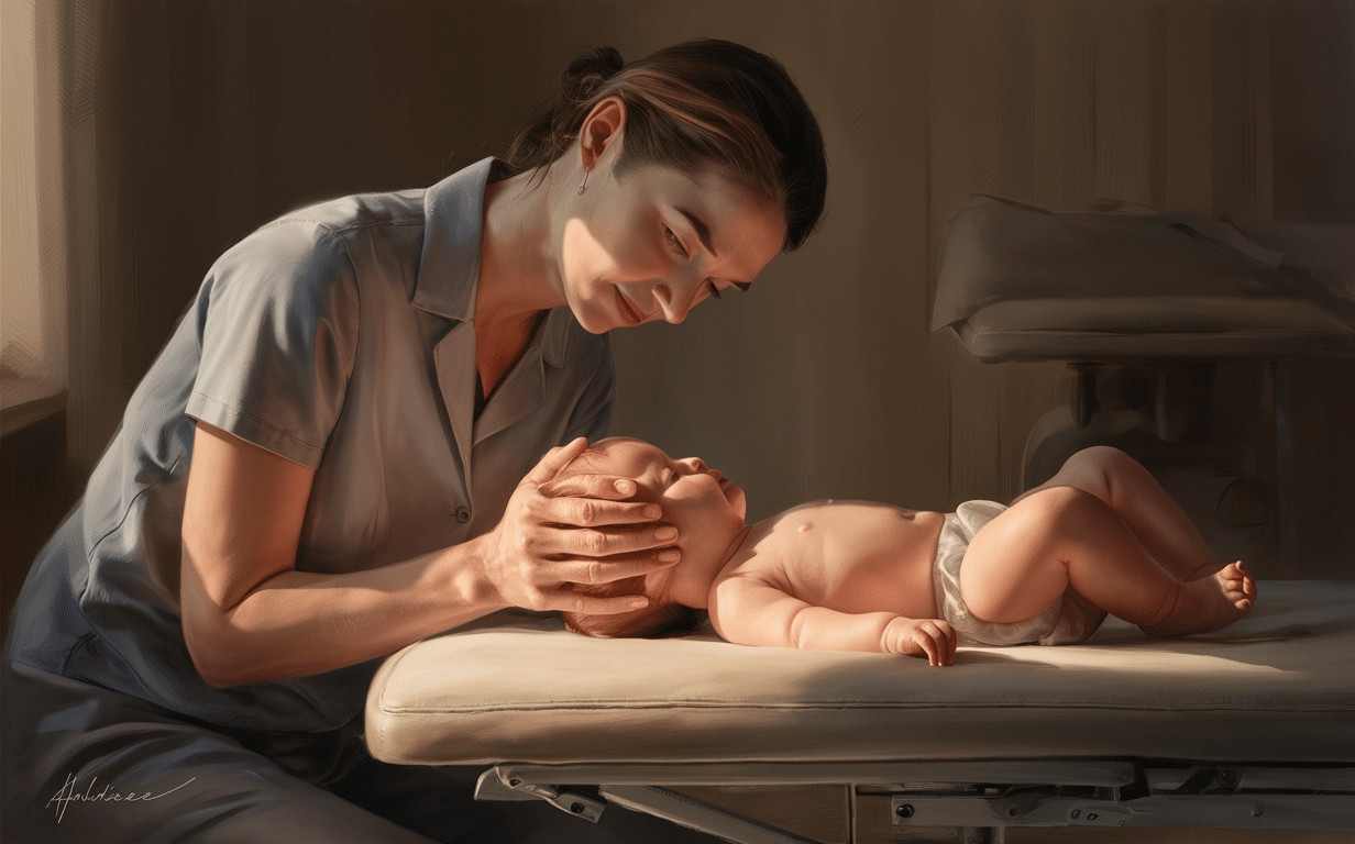 A mother gently holds and provides craniosacral therapy to her newborn baby, promoting relaxation and well-being through gentle touch and therapeutic techniques.