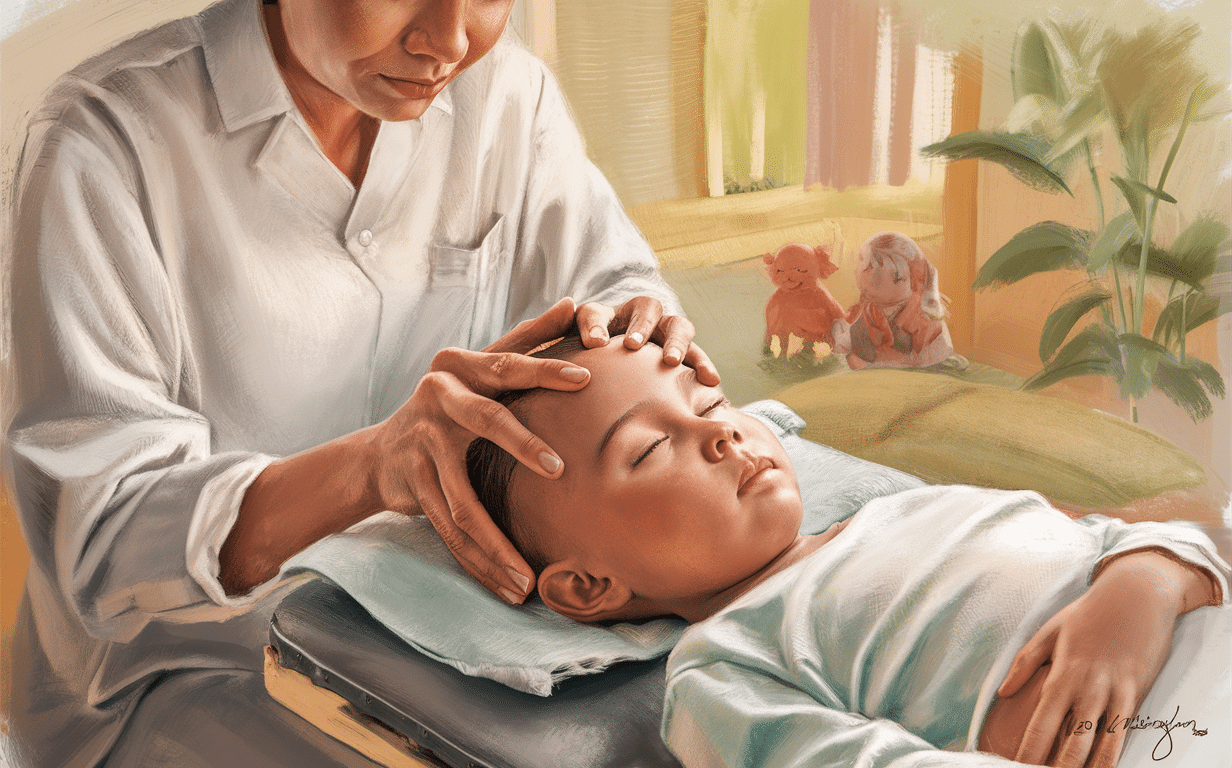 A mother carefully administers craniosacral therapy, a gentle hands-on technique, to her newborn baby lying on a massage table, illustrating pediatric chiropractic care