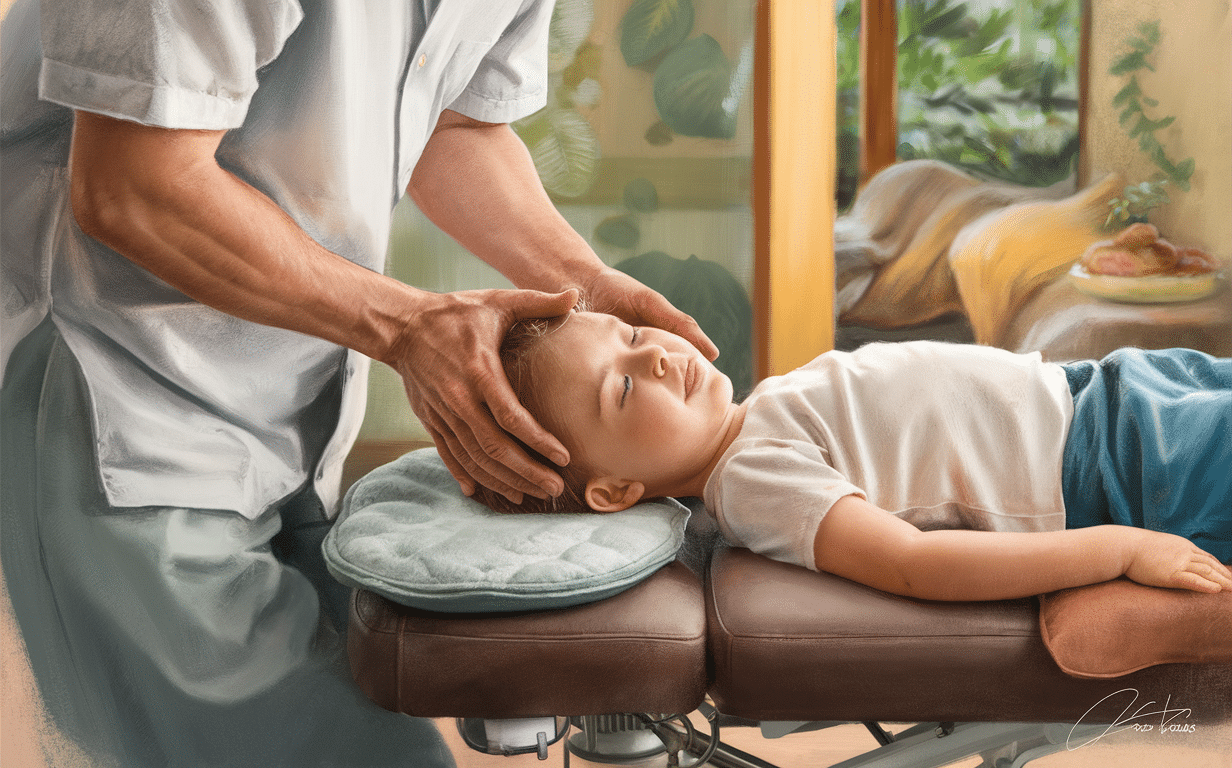 A chiropractor gently holds a child's head while providing craniosacral therapy, with the child resting on a massage table in a serene setting