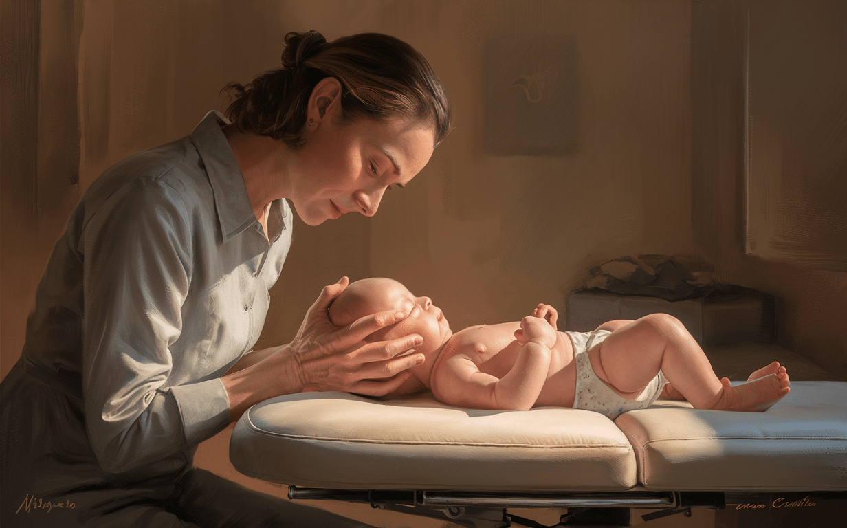 A practitioner gently holds an infant's head during a craniosacral therapy session, providing gentle manual adjustments to promote proper cranial and nervous system function.