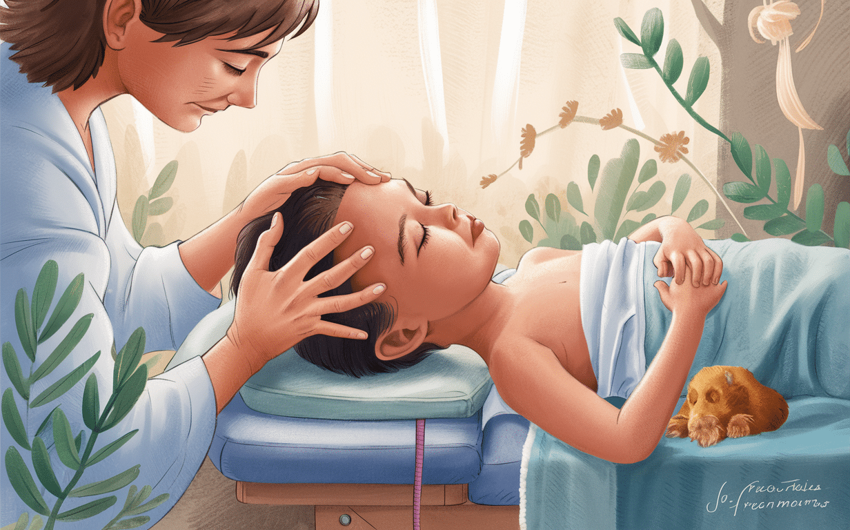 A practitioner performing gentle craniosacral therapy on a child lying on a treatment table, surrounded by calming nature illustrations