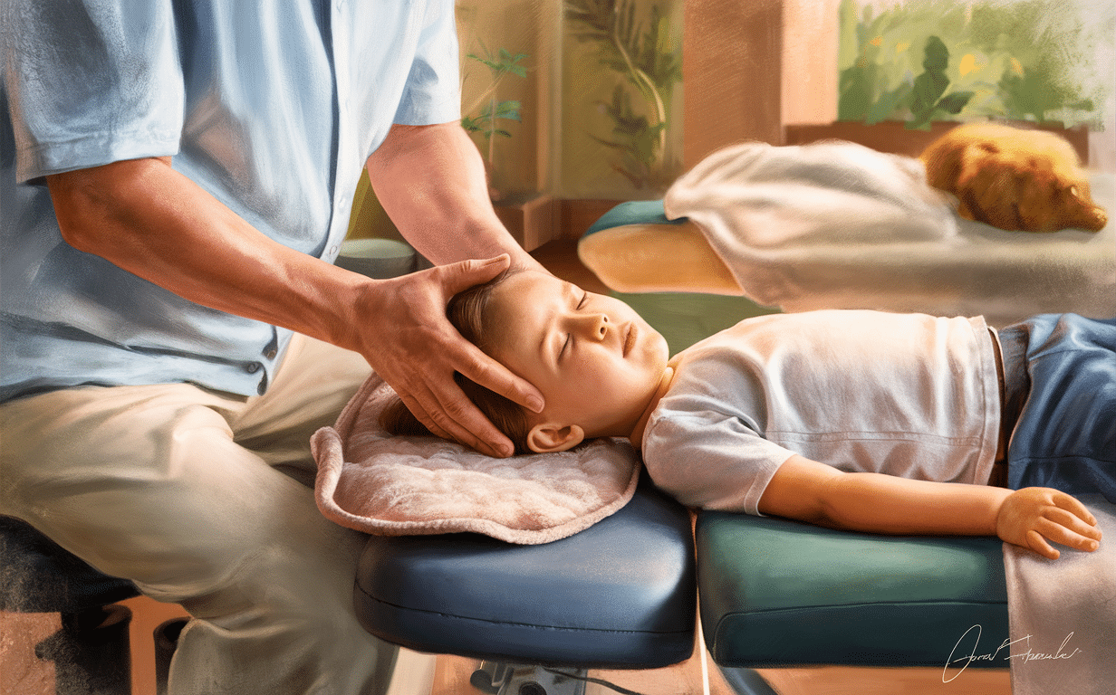 A chiropractor performing gentle craniosacral therapy on a young child lying on a massage table, with a pet dog resting nearby in a calming treatment room setting.