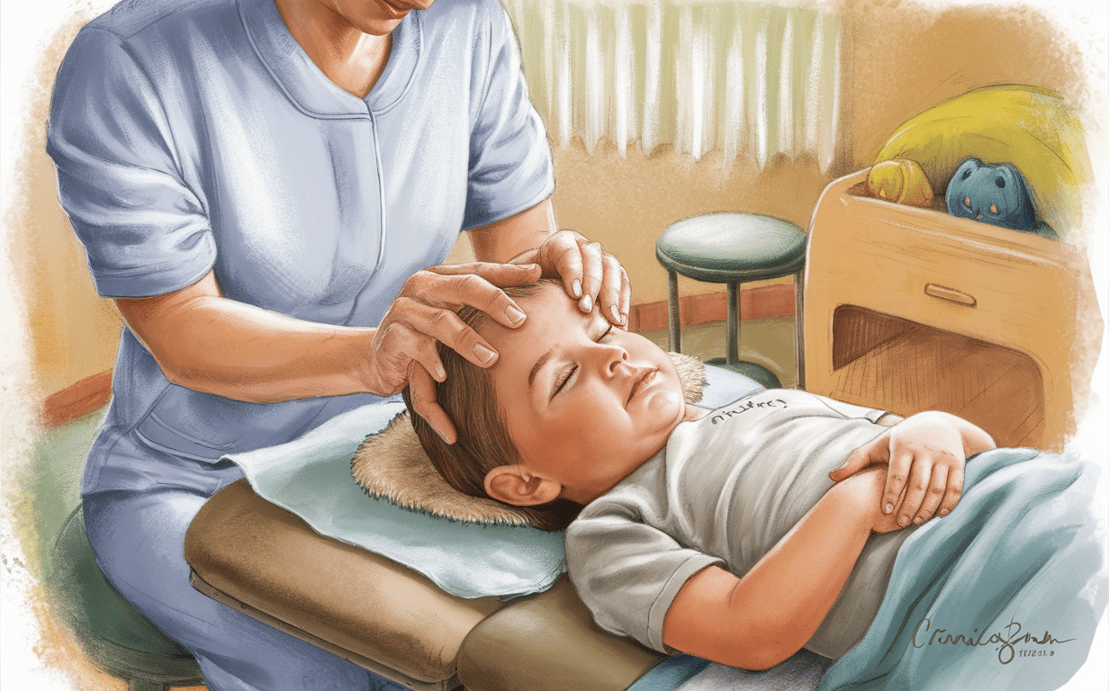 A chiropractor performing gentle craniosacral therapy on a young child lying on a treatment table, with a stuffed animal visible in the background.
