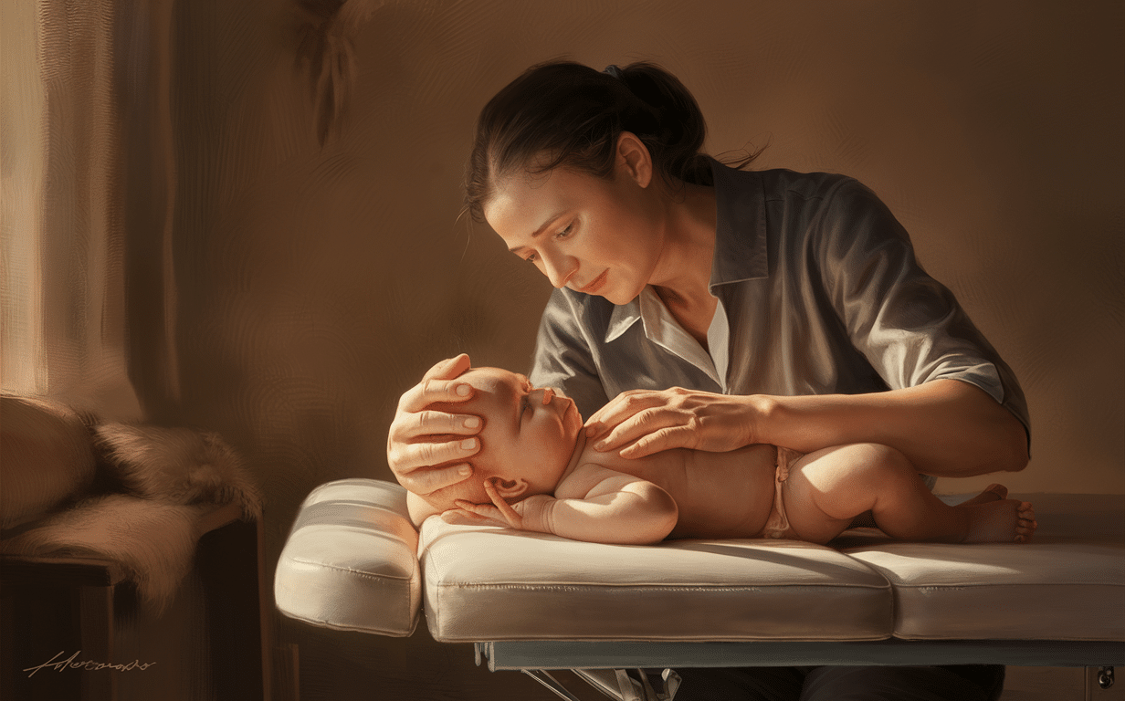 A healthcare professional gently providing craniosacral therapy to an infant on a treatment table, illustrating compassionate pediatric chiropractic care