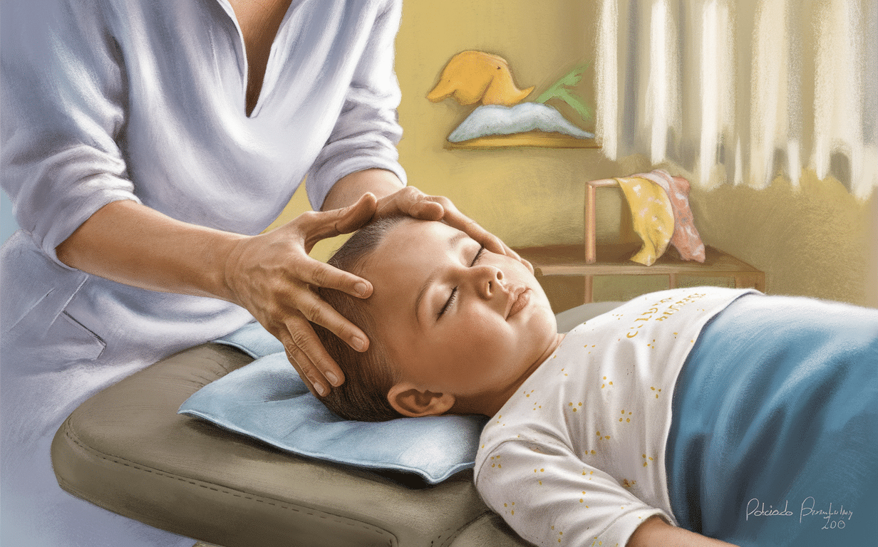 A chiropractor performing craniosacral therapy on a young child lying on a massage table, with decorative items like a stuffed animal and tissue box in the background