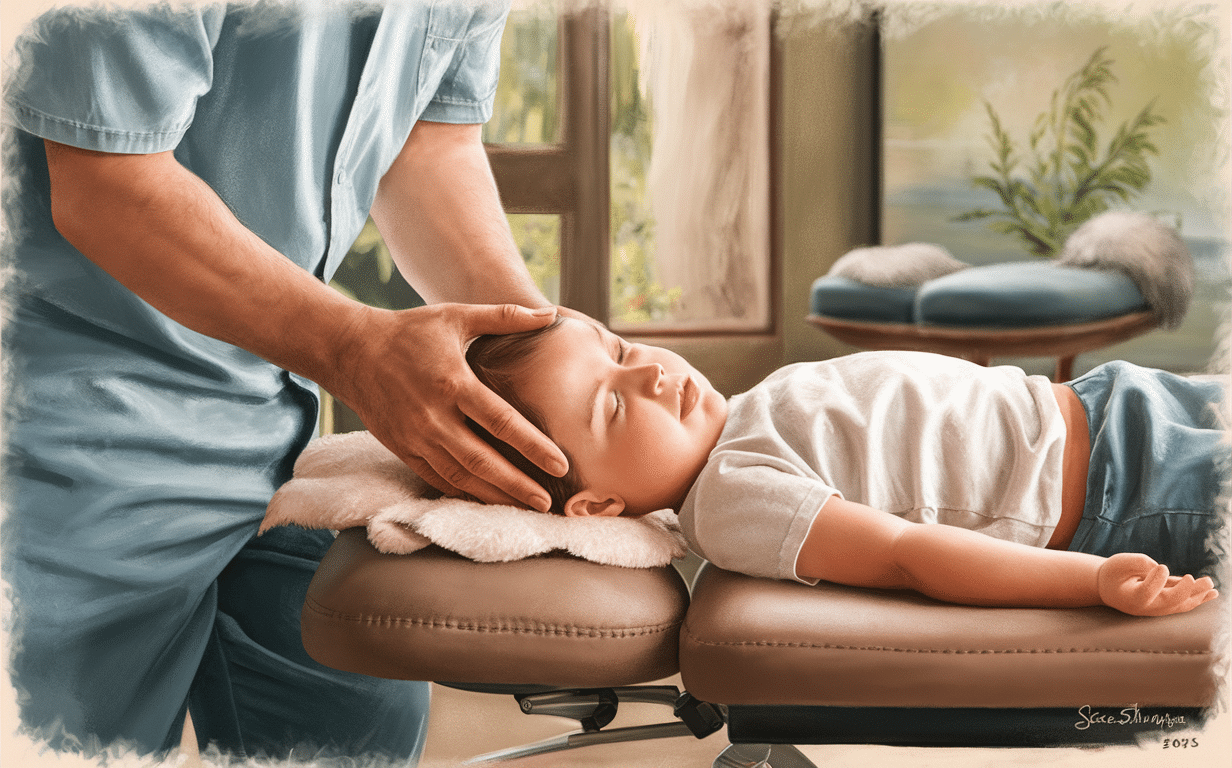 A collage of images showing a pediatric chiropractor providing gentle craniosacral therapy to children of different ages, promoting natural healing and well-being.