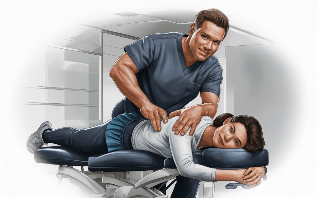 An illustration depicting a chiropractor providing a spinal adjustment to a patient lying on a treatment table, demonstrating effective chiropractic adjustment techniques used today