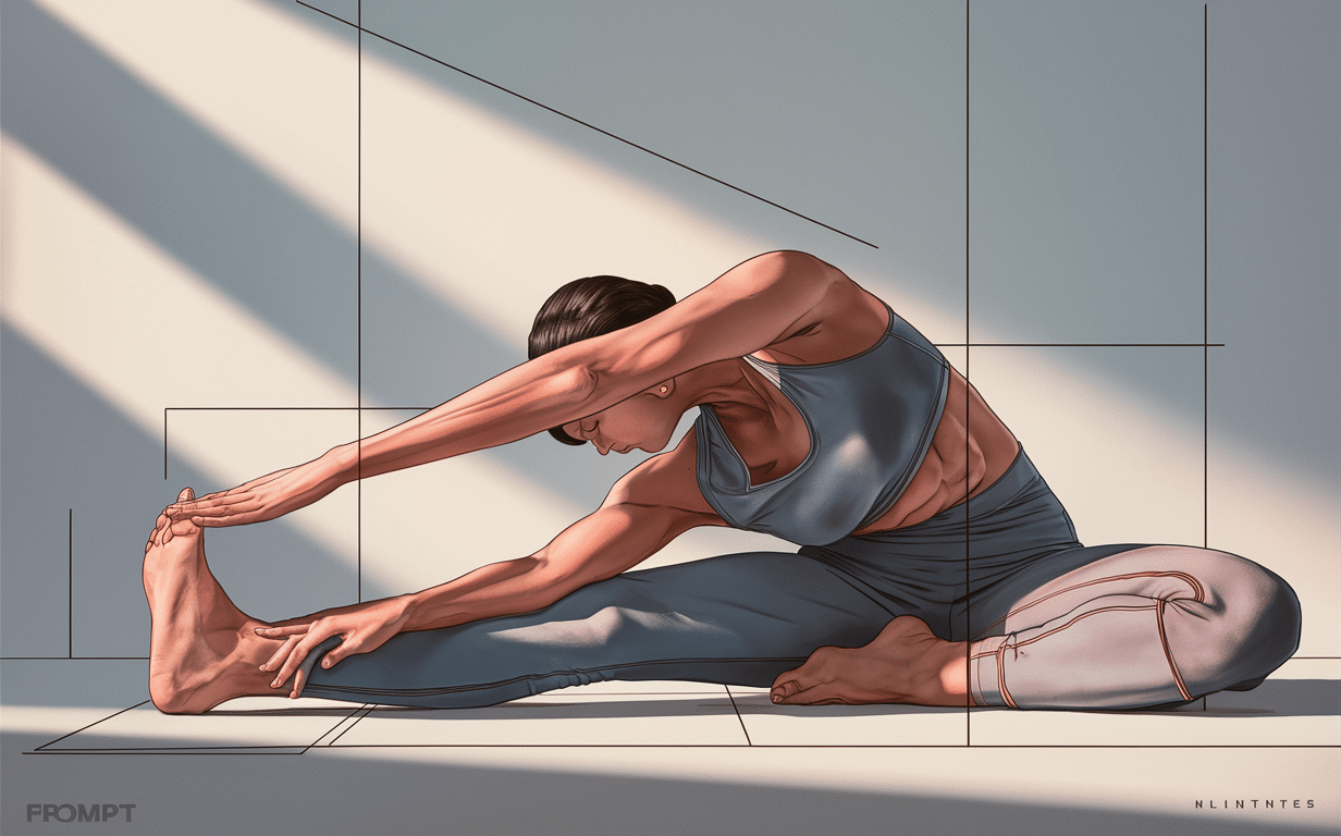 Advanced Yoga Pose for Stretching and Flexibility A person practicing an advanced yoga pose, stretching their body while lying on a yoga mat in a sunlit room