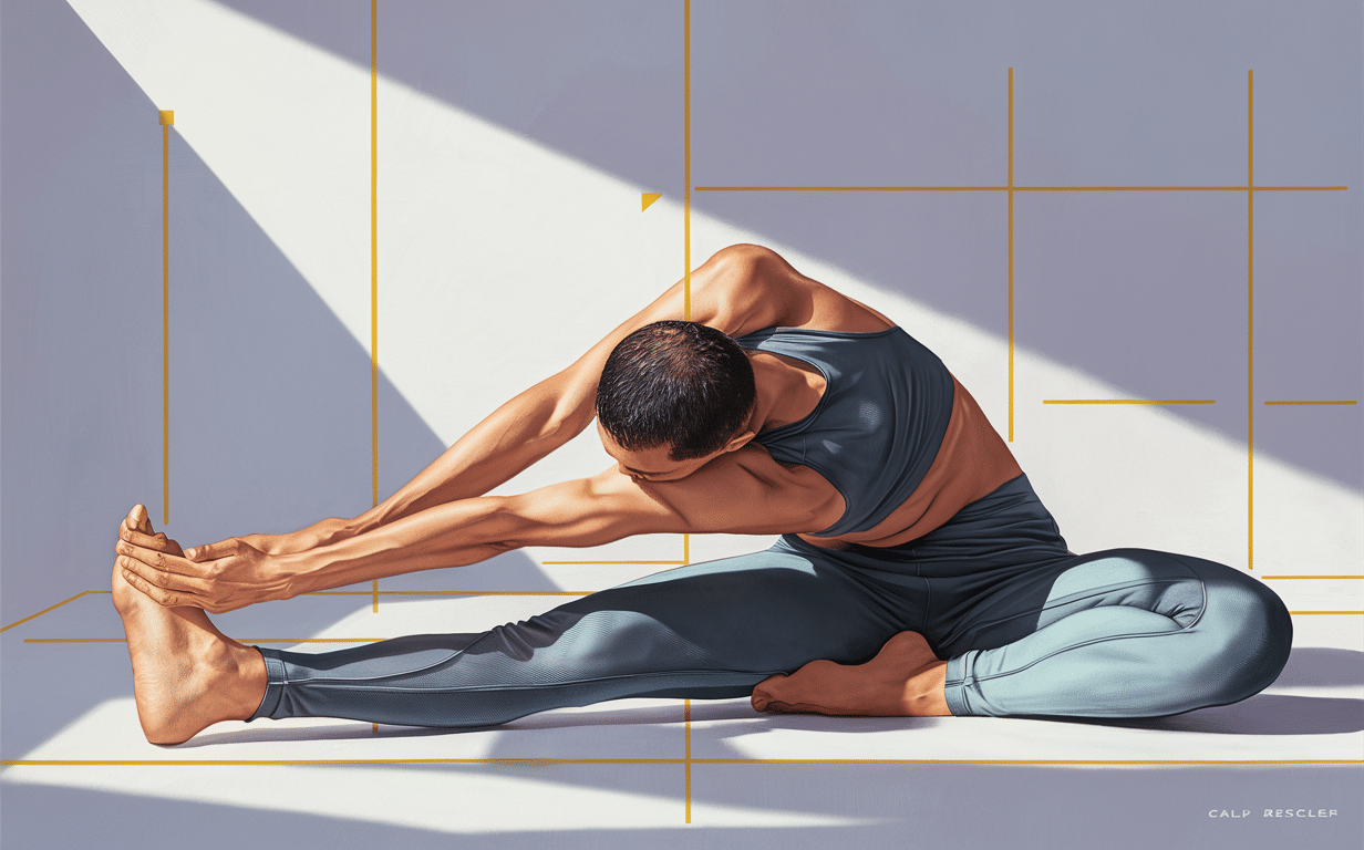 Man Performing Seated Forward Bend Yoga Stretch An illustration of a shirtless man sitting on the floor stretching forward in a seated forward bend yoga pose, with his hands reaching towards his feet against a stylized geometric background with golden lines and shadows.
