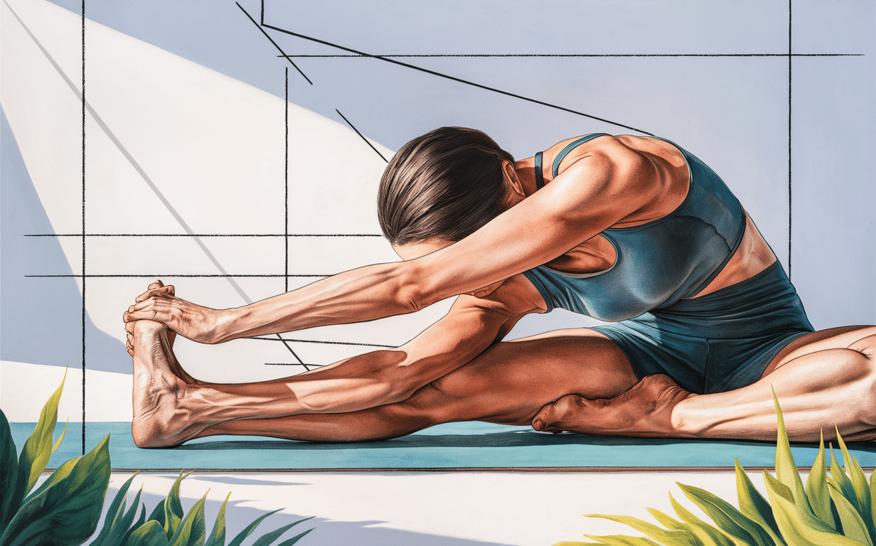 Woman Performing Seated Forward Bend Stretch An illustration of a woman stretching her legs in a seated forward bend position, displaying toned muscles and flexibility.