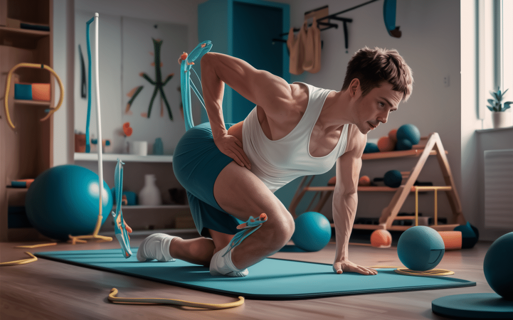 A muscular man is doing stretching and strengthening exercises on an exercise mat in a rehabilitation gym filled with various fitness equipment and therapy tools like resistance bands, exercise balls, and parallel bars.