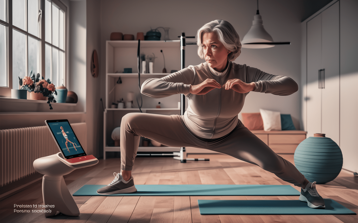 Woman doing strength training exercise guided by fitness app A focused woman performing a squat exercise with resistance bands while following instructions on a tablet showing a fitness app for targeted exercises to address specific conditions or goals.