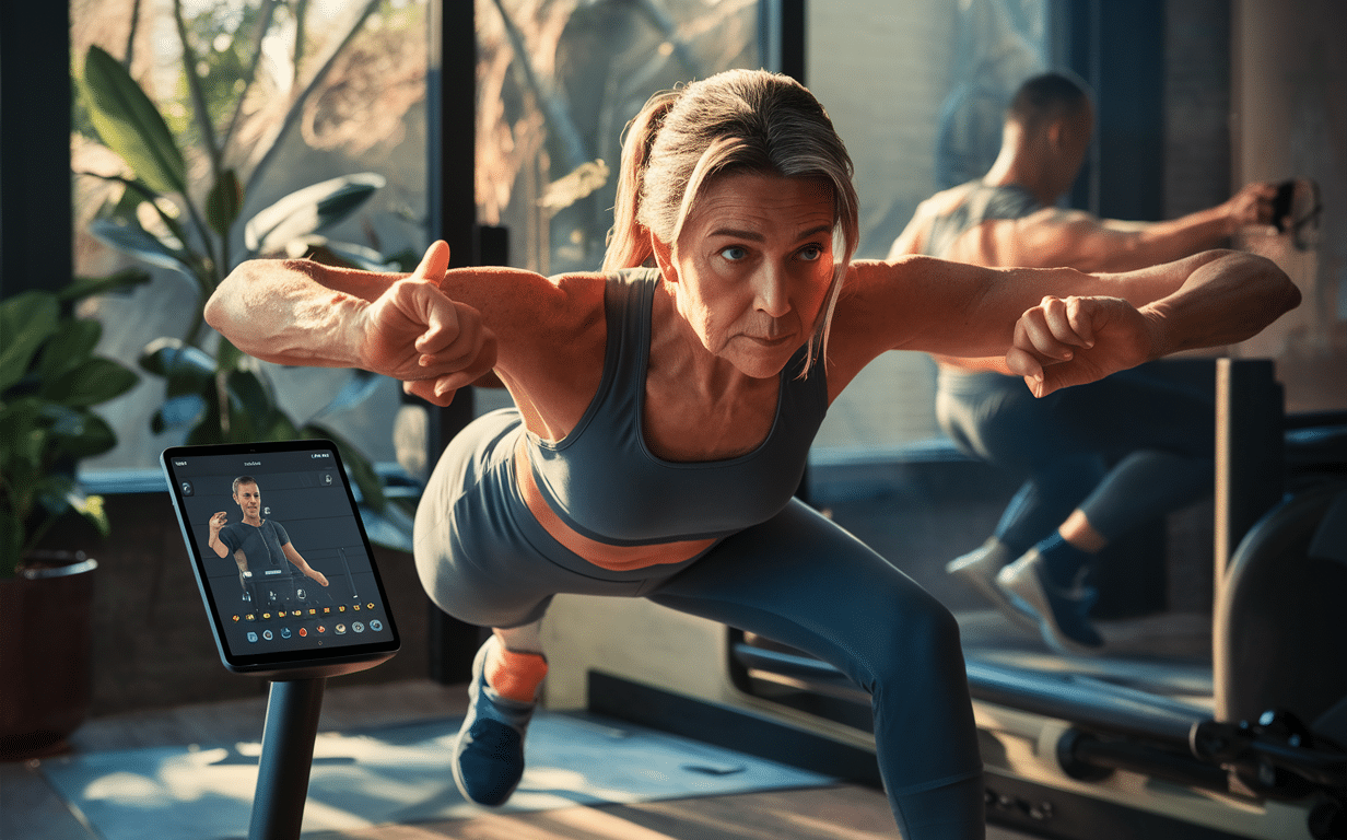 Senior Woman Exercising with Resistance Bands at Home An older woman with gray hair in athletic wear is doing resistance band exercises while looking at a laptop, showing her determination to stay fit and active even at home.