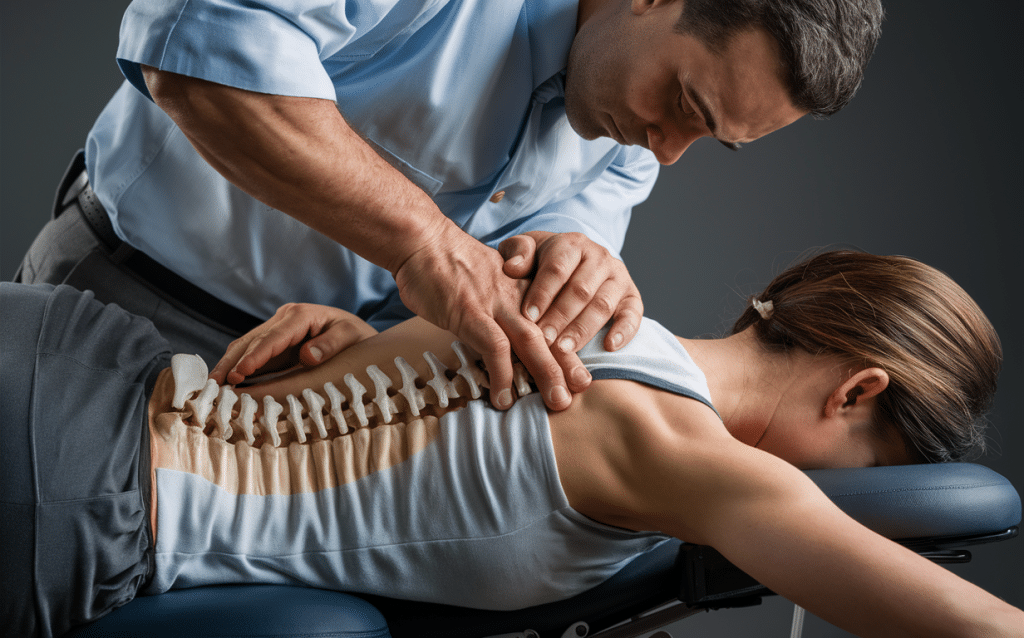 A chiropractor performing a spinal adjustment on a patient to enhance nervous system function