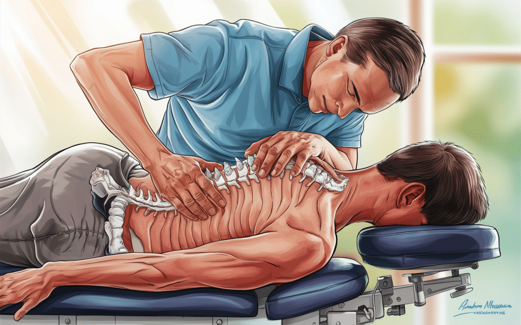An illustration depicting a chiropractor performing a spinal adjustment on a patient to enhance nervous system function and promote overall health and well-being. treating back pain and sciatica with spinal adjustments