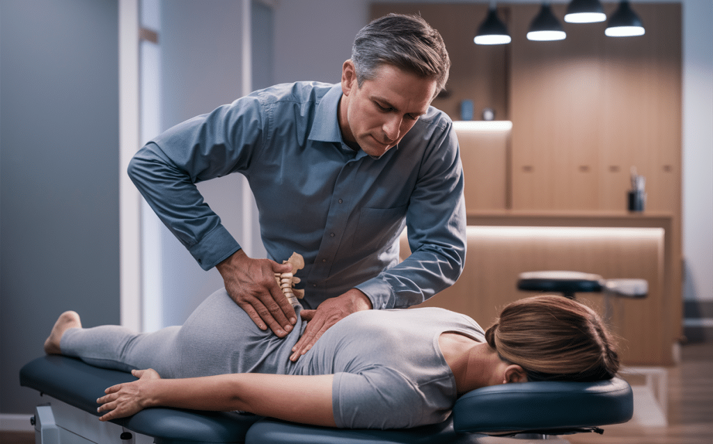 A chiropractor adjusting the spine of a patient lying on a treatment table in a clinical setting