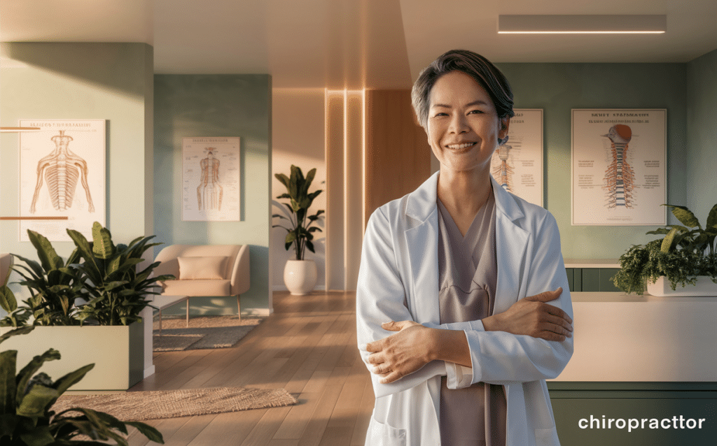 A smiling chiropractor standing in her office, surrounded by anatomical posters and plants, offering upper cervical care for relief