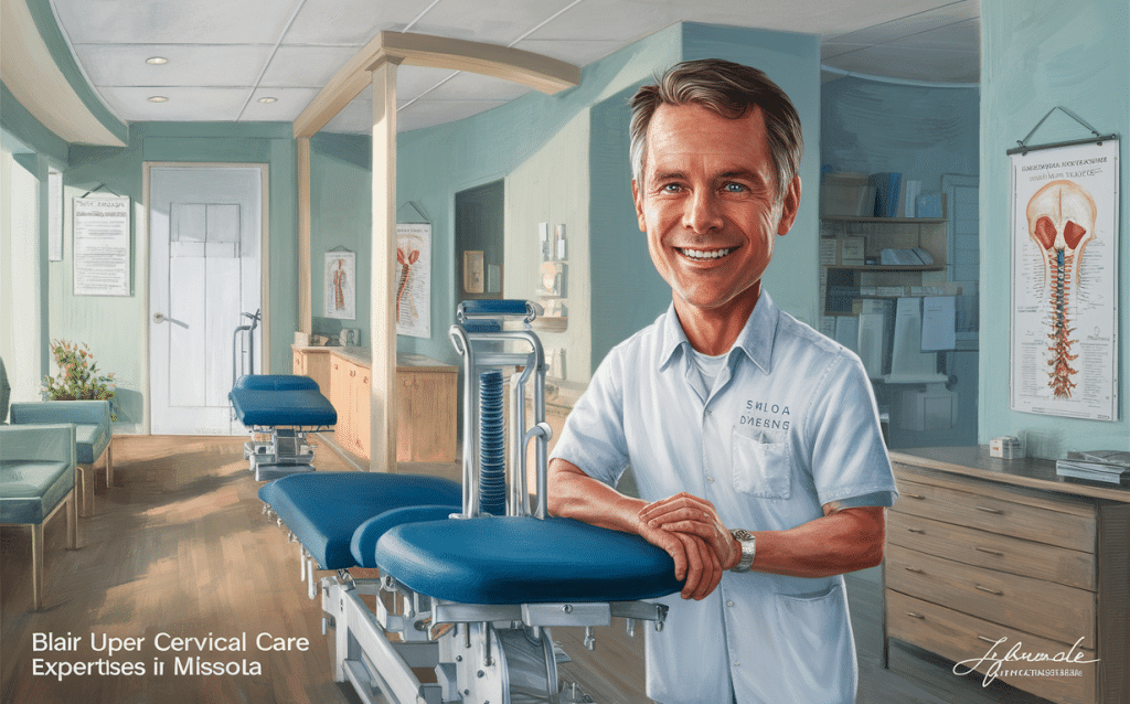 Portrait of a smiling chiropractor next to an examination table at Neu Life Chiropractic in Tomball, TX
