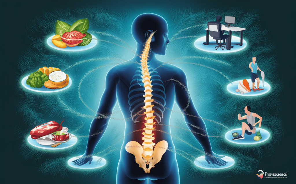 An illustration depicting the impact of various lifestyle choices on spinal health, including diet, physical activity, and sedentary behaviors, with a central figure showing the human spine and surrounding icons representing different lifestyle elements.