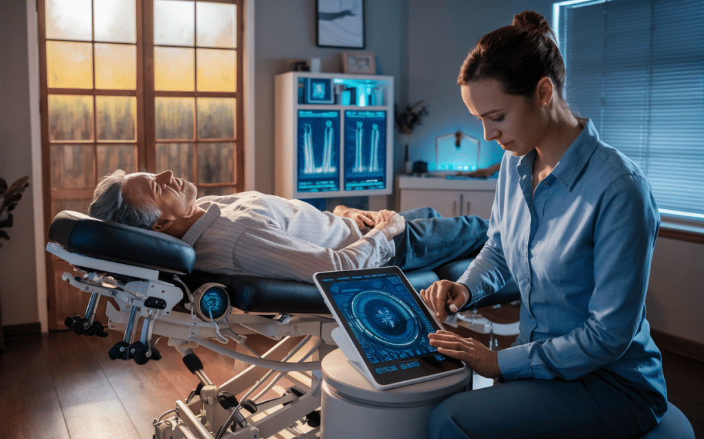 A chiropractor using a tablet to analyze a patient's spinal alignment on a high-tech adjustable bed in a modern clinic settingtechnology in personalized chiropractic care