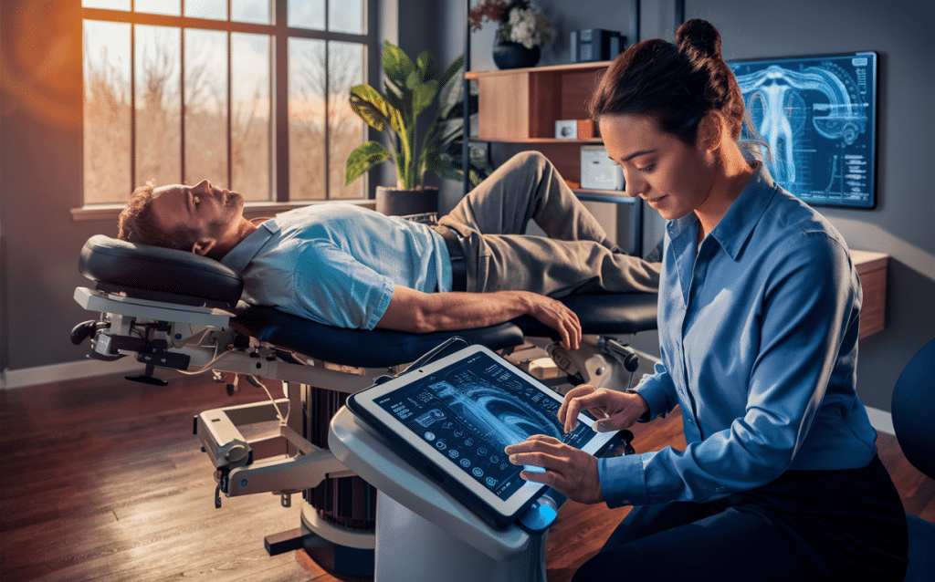 A chiropractor examines a patient lying on a chiropractic table while reviewing digital imaging scans on a tablet, showcasing the integration of modern technology in personalized chiropractic care.