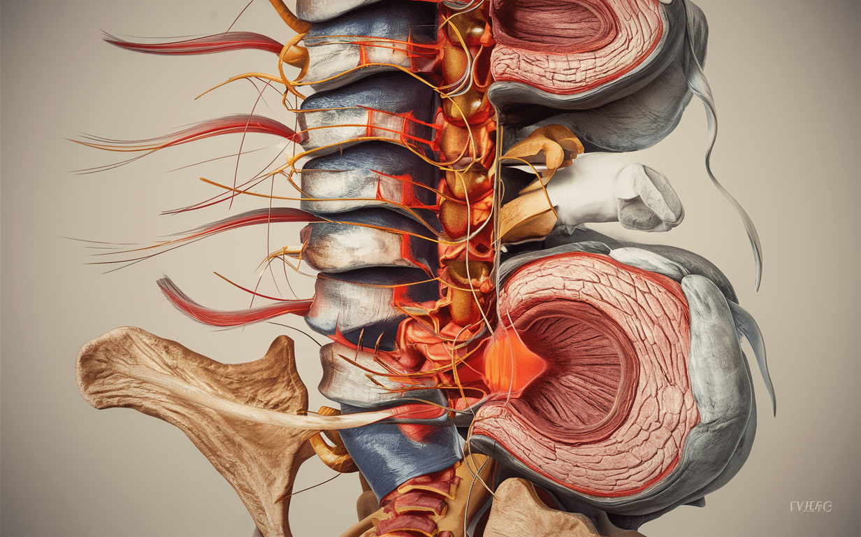 Anatomical Illustration of the Spine and Intervertebral Discs A detailed illustration depicting the structure of the human spine, including the vertebrae, intervertebral discs, and nerve roots, surrounded by grassy elements, highlighting the potential causes of back pain.