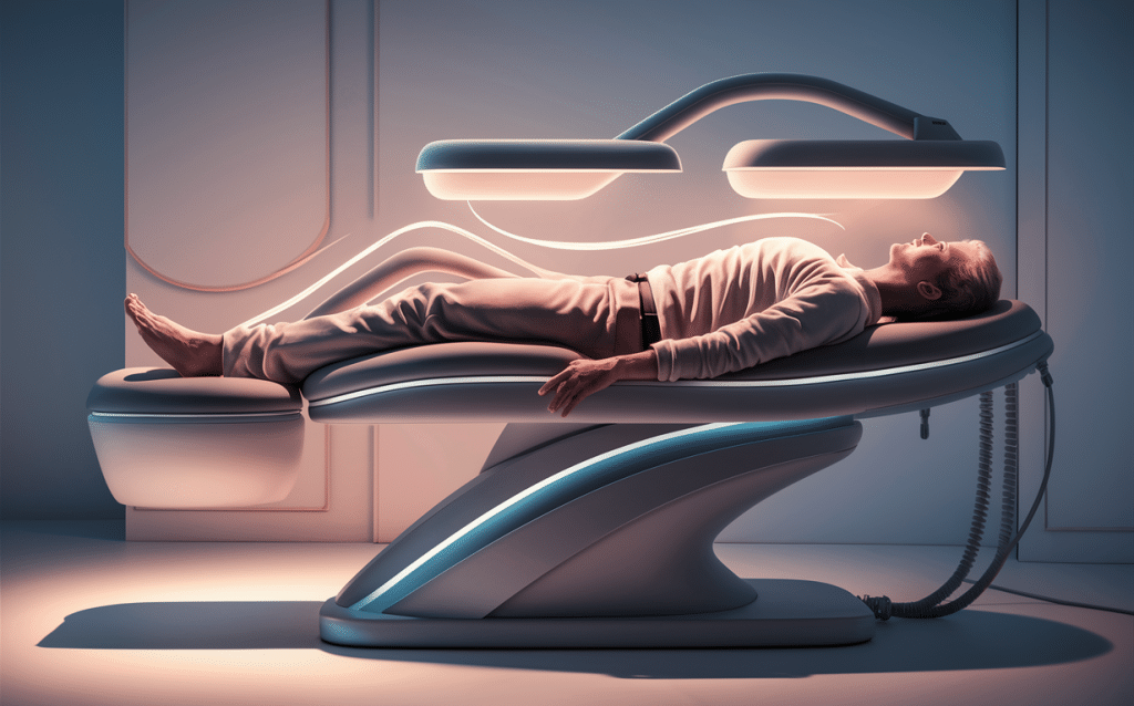 A person lying on a sleek, futuristic decompression therapy bed with glowing lights, depicting a relaxing and advanced approach to wellness and recovery.