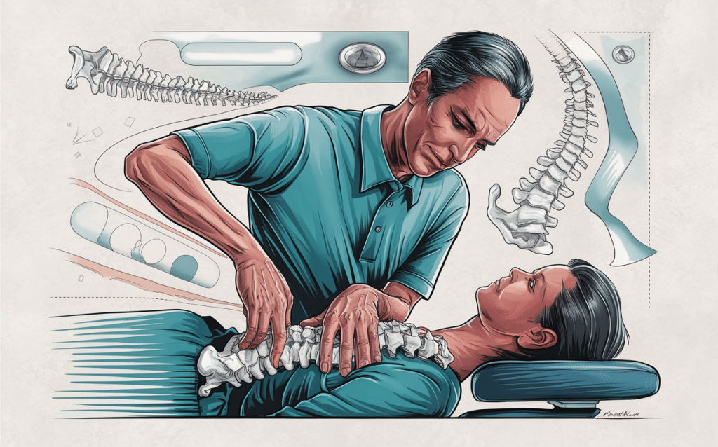 An illustration depicting a chiropractor performing a Gonstead chiropractic adjustment on a patient lying on a table, with anatomical details of the spine shown.