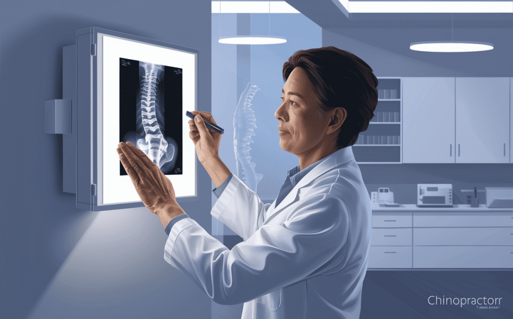 A chiropractor examining a patient's spine X-ray at Neu Life Chiropractic in Tomball, TX