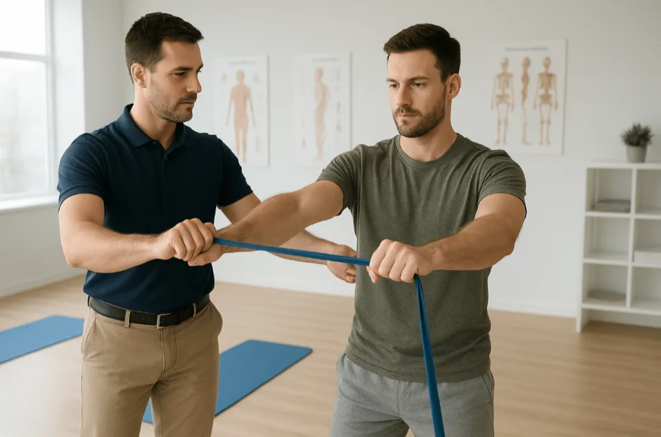 Chiropractor guiding a patient through corrective exercises in Tomball TX